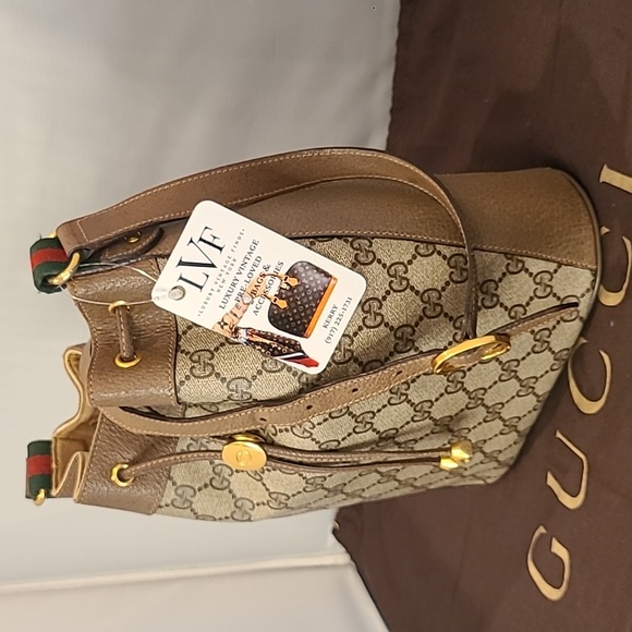 GUCCI ACCESSORIES VINTAGE 70’S WEB SHERRY DRAWSTRING GG SUPREME COATED BUCKETBAG - Picture 3 of 17